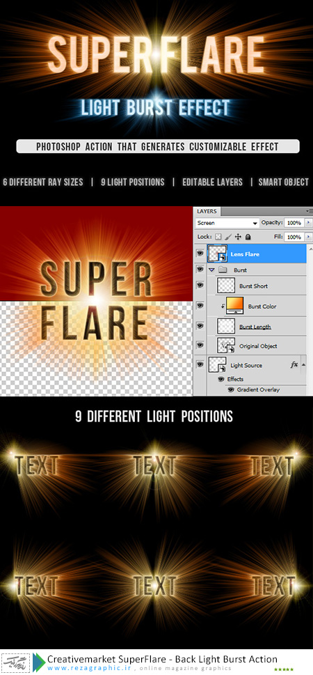 اکشن افکت پرتو های نوری فتوشاپ گرافیک ریور-Creativemarket SuperFlare - Back Light Burst Action|رضاگرافیک